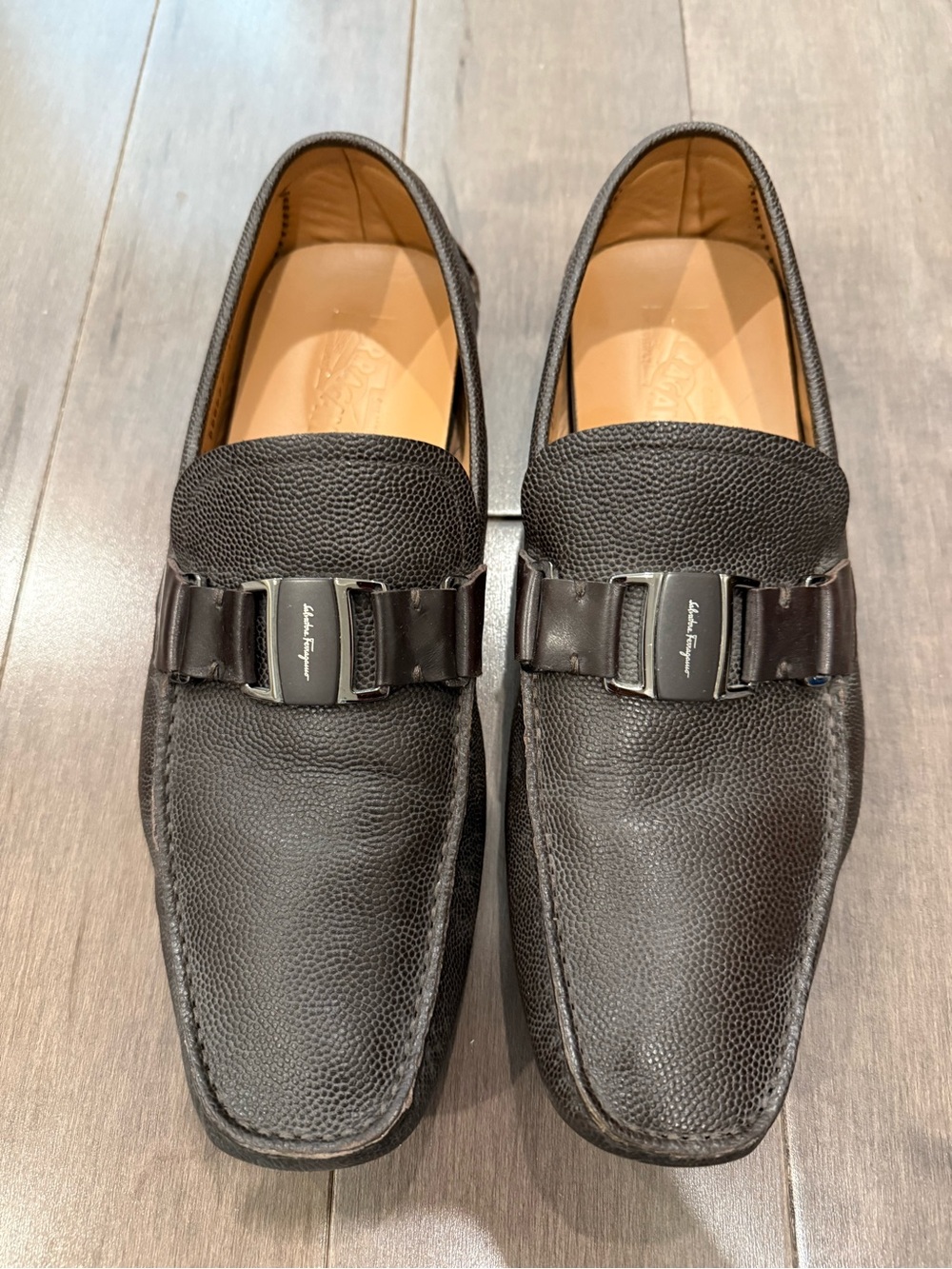 Salvatore Ferragamo Brown Leather Pebble-Grain Men's Loafers